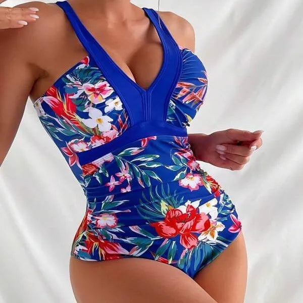 Women's floral pattern one-piece swimsuit with backless design in polyester spandex material