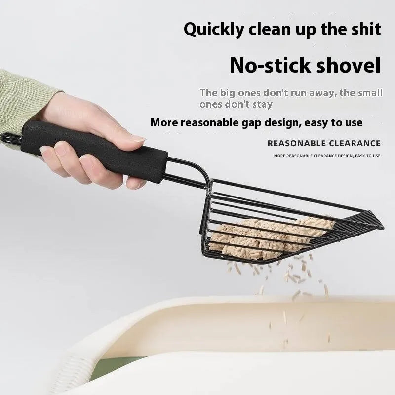Black metal cat litter scoop with 0.8cm gap spacing for efficient waste sifting