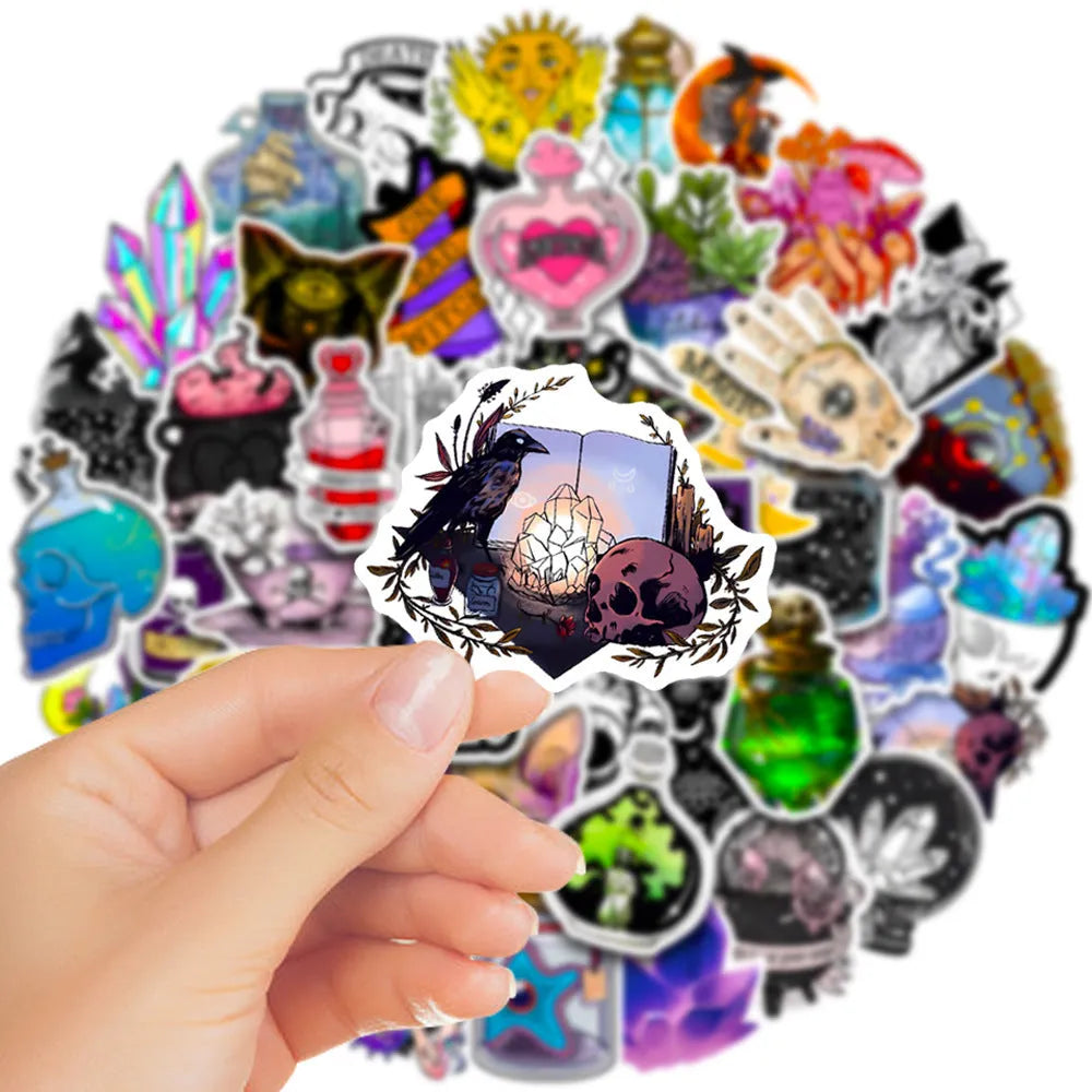 50 piece PVC waterproof luggage stickers in various sizes from 3cm to 8cm with glossy finish