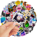 50 piece PVC waterproof luggage stickers in various sizes from 3cm to 8cm with glossy finish