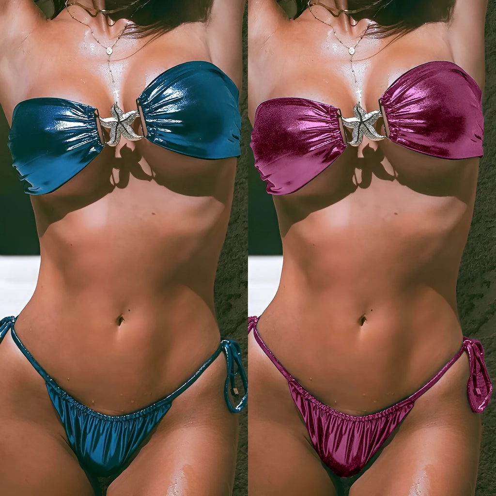 Women's glossy split bikini with gold starfish decoration in sapphire blue colour