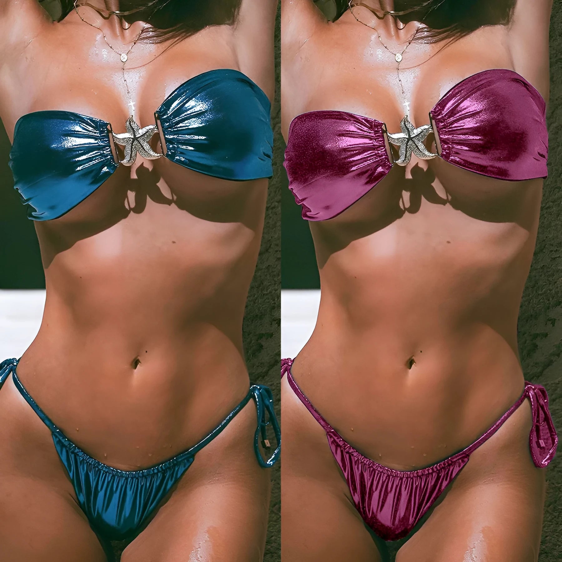 Women's glossy split bikini with gold starfish decoration in sapphire blue colour