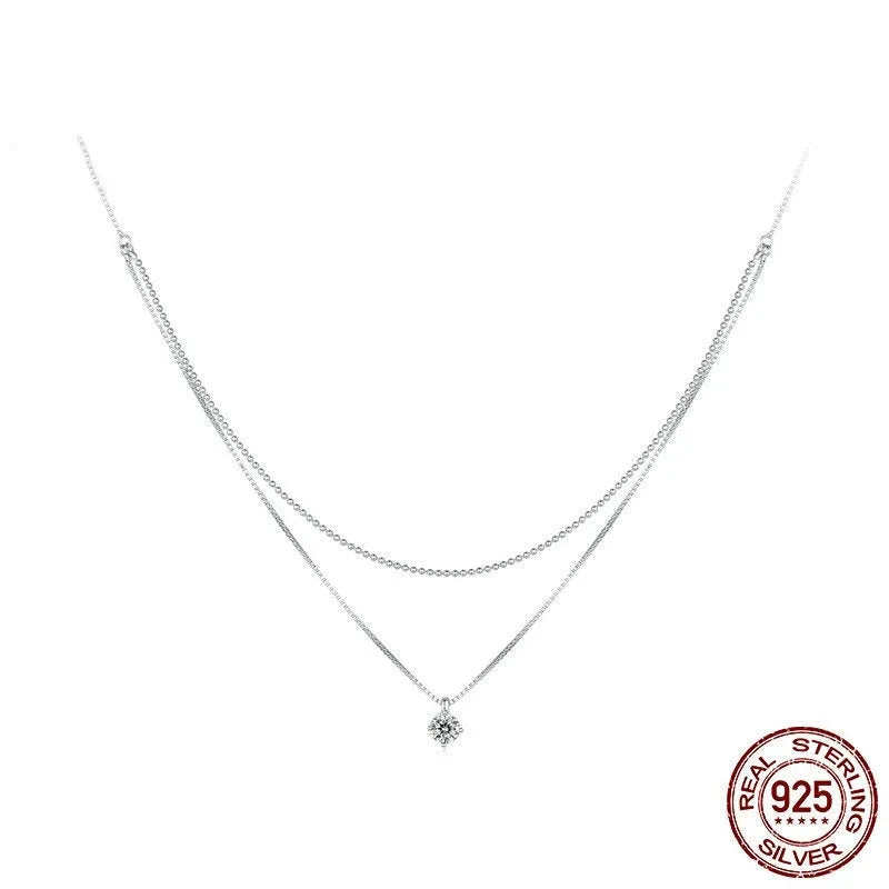 S925 sterling silver necklace with double-layer pendant and pearl chain in silver colour