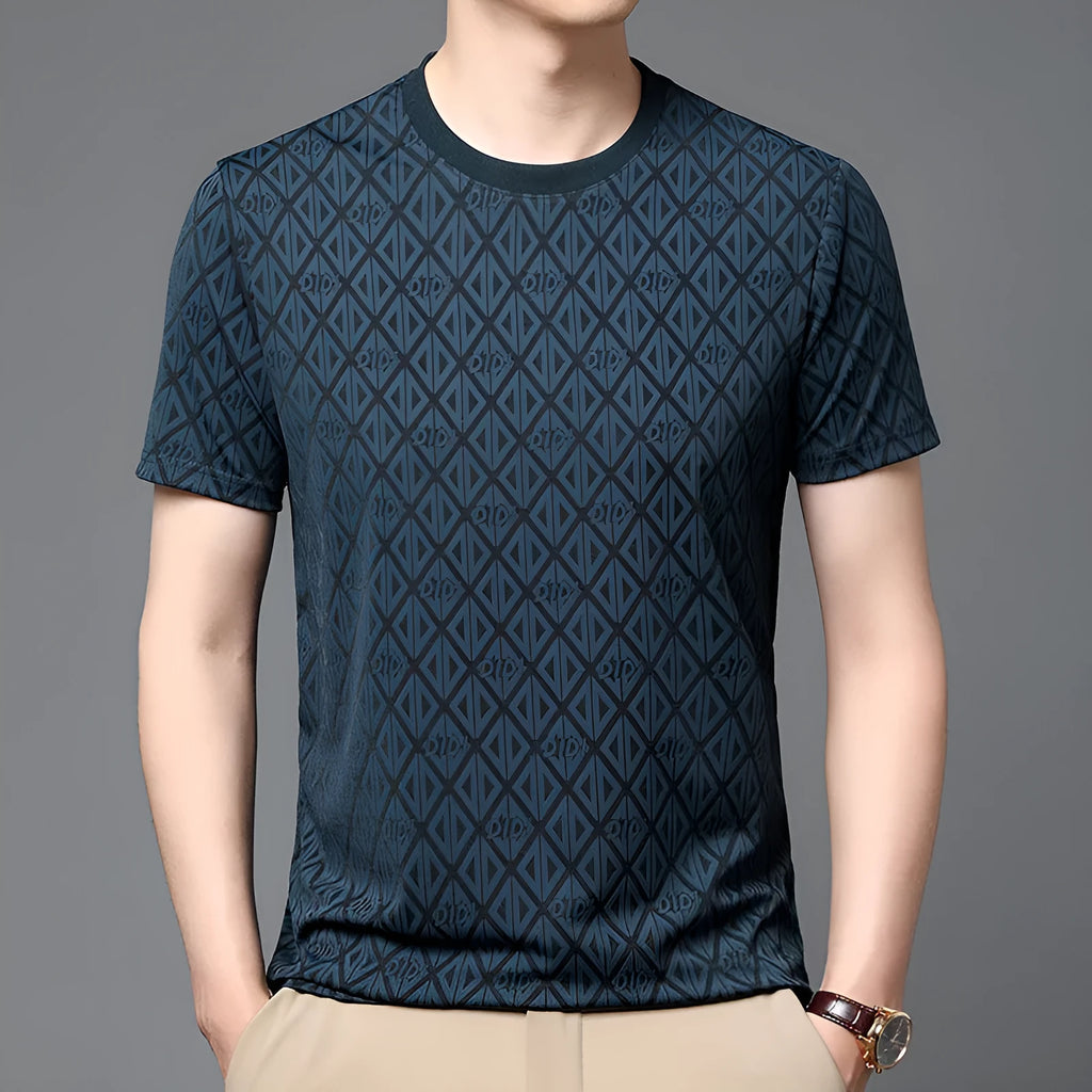 Men's black ice silk jacquard short sleeve t-shirt with loose fit casual design