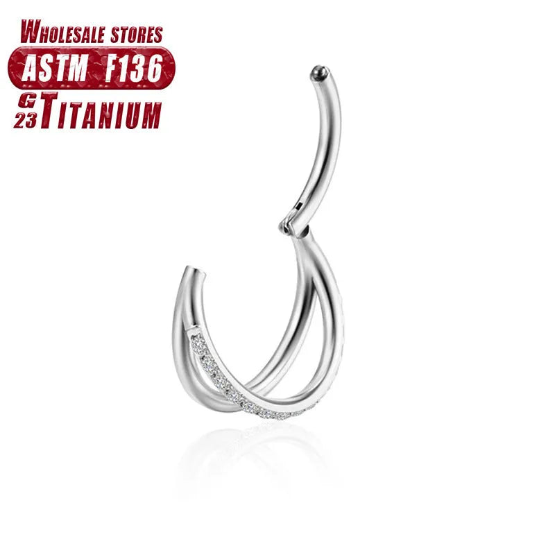 Titanium alloy nose ring showing plain and diamond-set versions in silver, gold, black, and rose gold colours.
