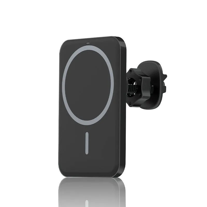 Black car magnetic wireless phone charger and air vent mount bracket showing Type-C port.