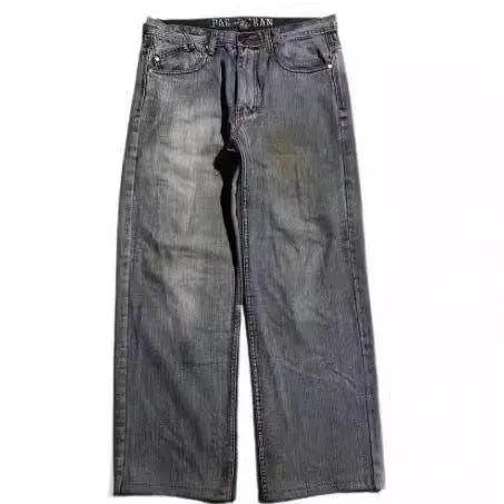 Men's washed grey wide-leg straight jeans on a neutral background.