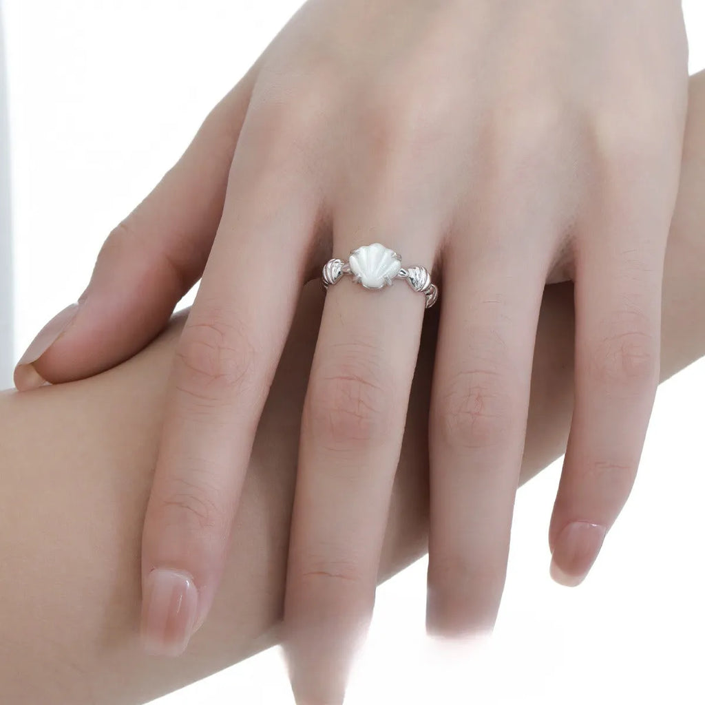 Women's adjustable silver ring featuring a shell tiger eye gemstone in a white gold electroplated finish.
