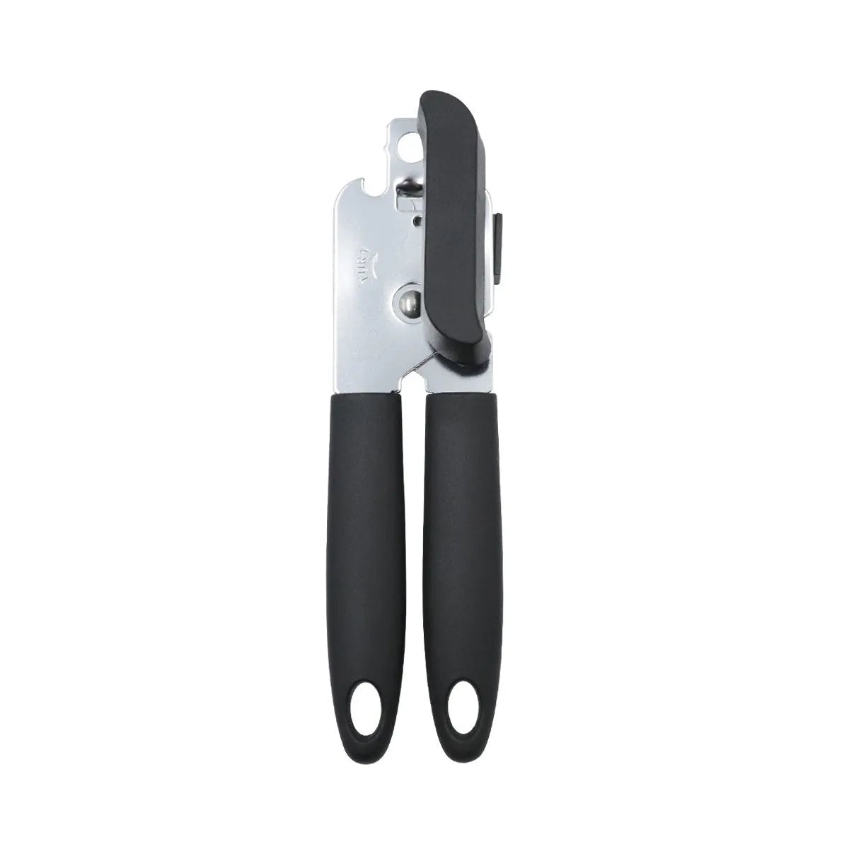 Black manual can opener and bottle opener with PP handle, 18.5cm length