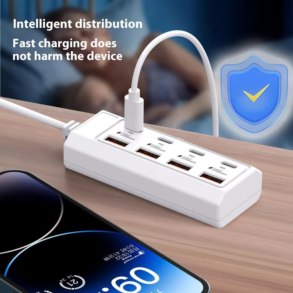 White plastic 8-in-1 Type-C PD fast charge multi-port docking station with 1-2m cable