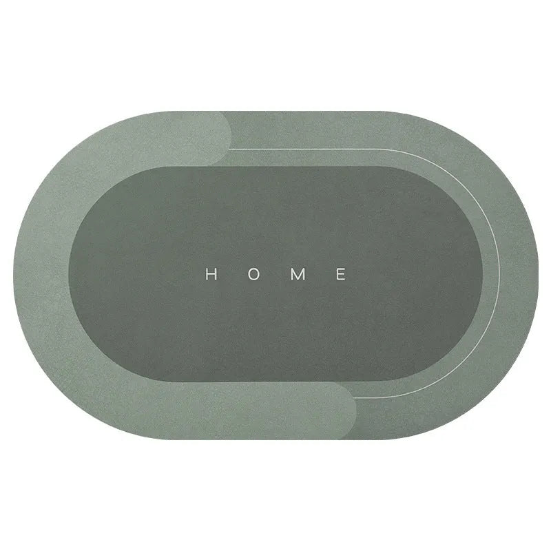 Diatom mud absorbent bathroom floor mat in blue rectangular shape on tiled floor