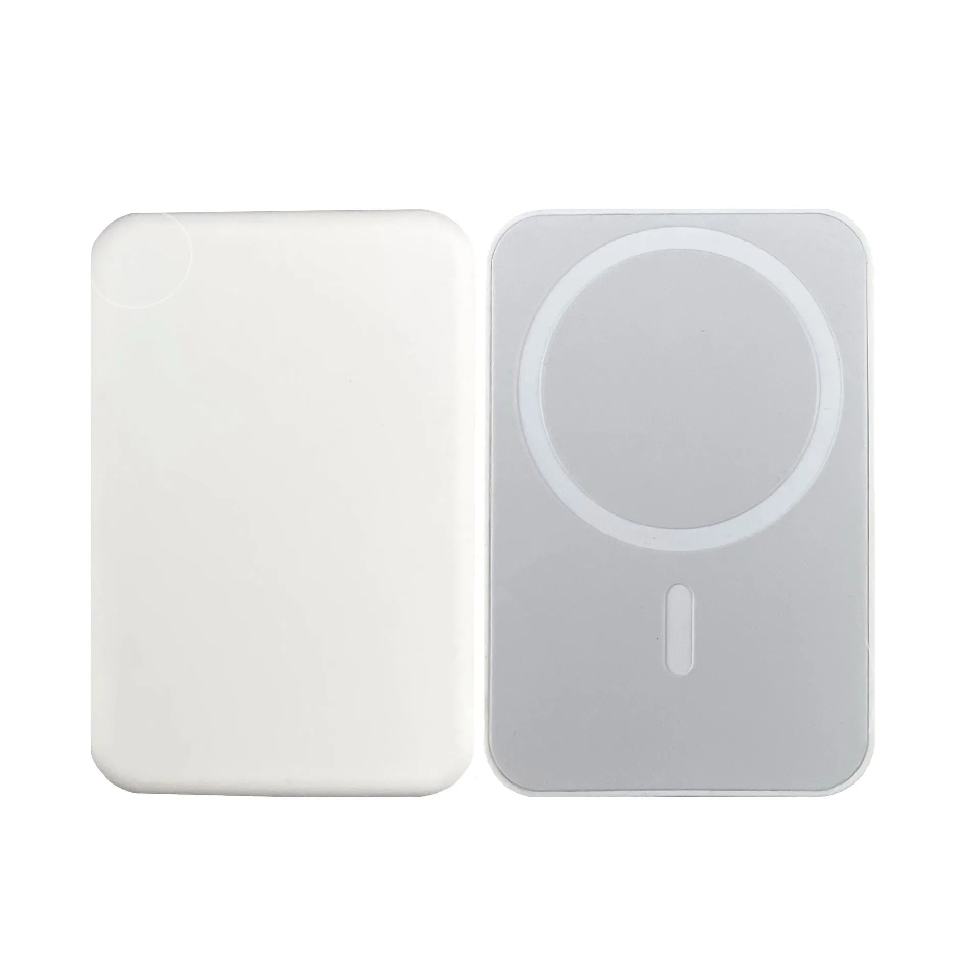 White foot-shaped portable power bank with magnetic wireless charger on a table.
