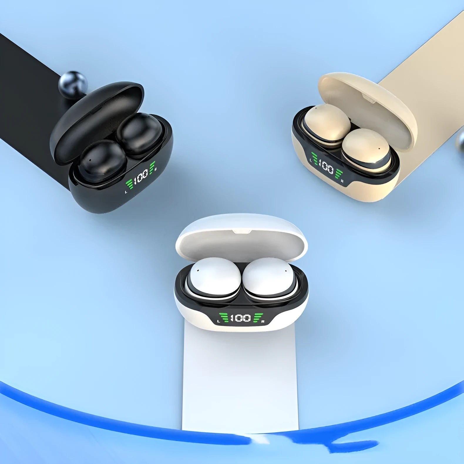 Black super mini wireless Bluetooth in-ear headset with digital display screen showing battery and connection status