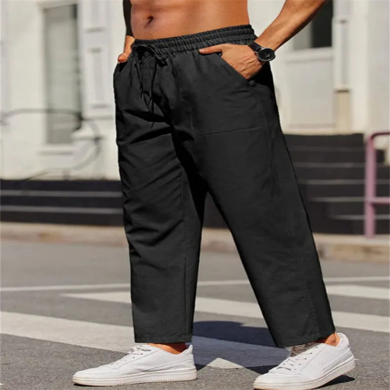 Men's straight-leg linen trousers with elastic waistband in seven colour options
