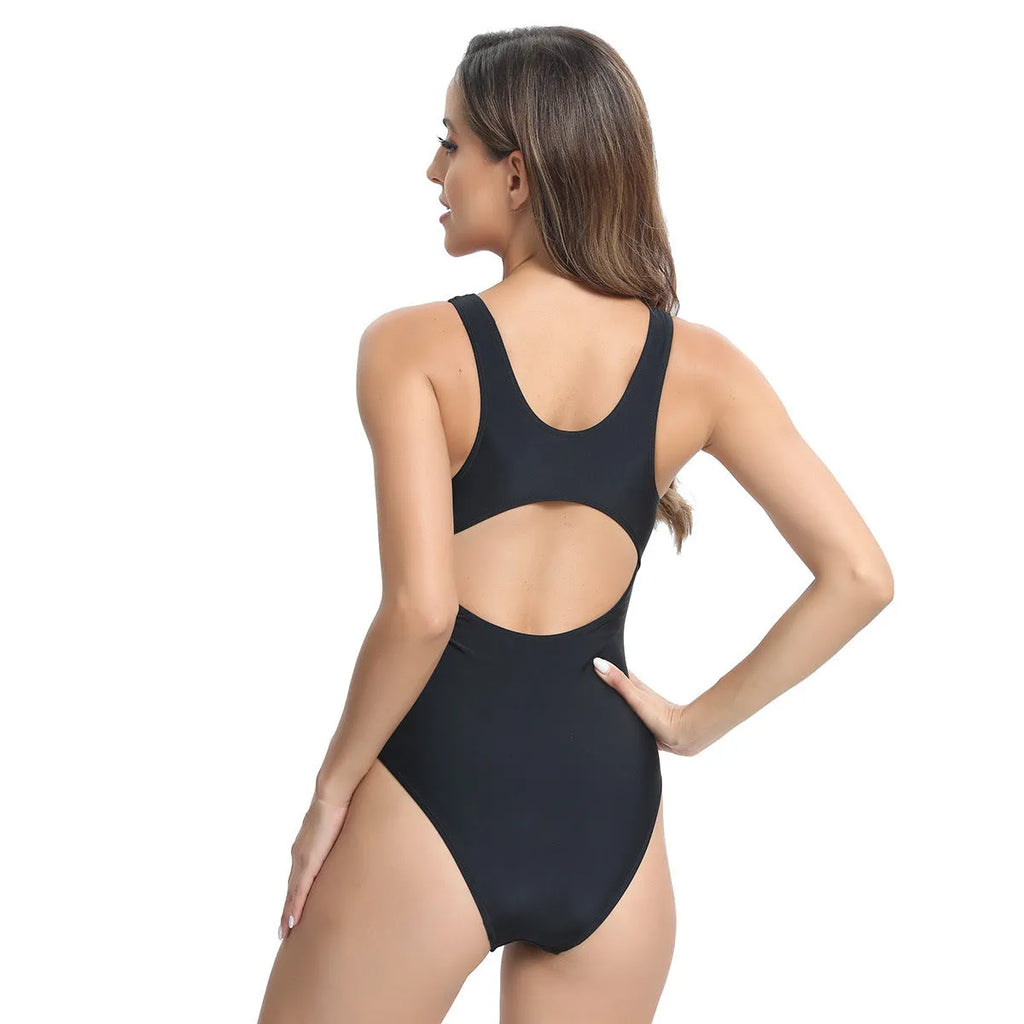 Women's sleeveless one-piece swimsuit in polyester, shown in rose red, blue, and white colours.
