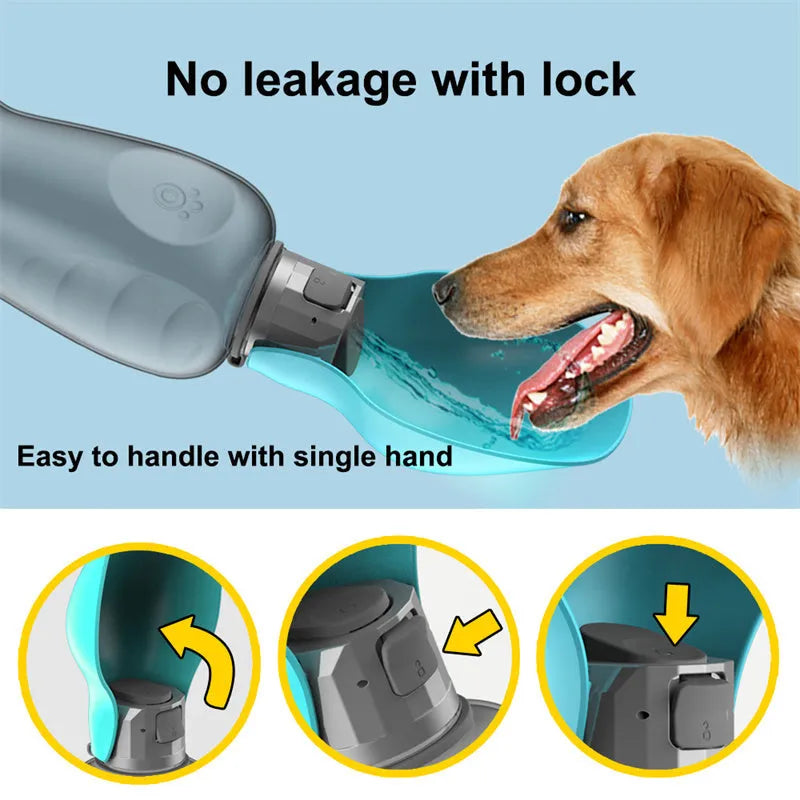 Blue grey portable 800ml dog water bottle with foldable drinking bowl and wrist strap.