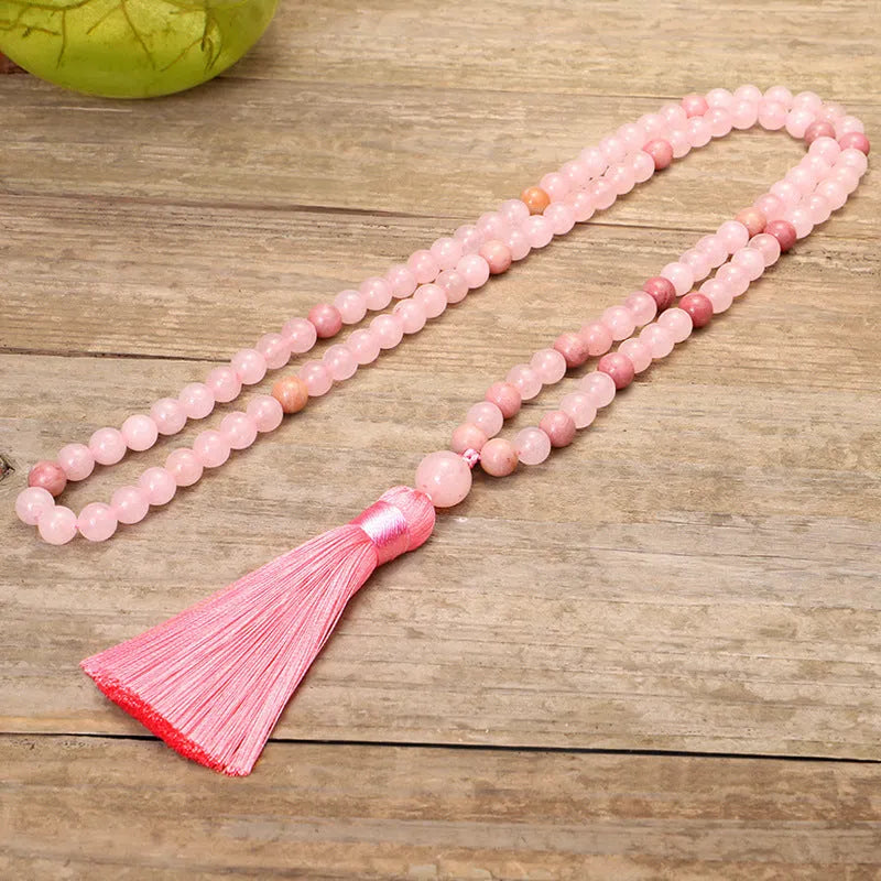 Stone bead yoga necklace and bracelet set with crystal drop pendant and long fringe tassels