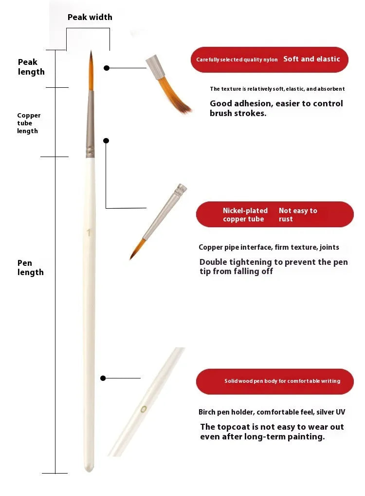 Set of 12 hook line art brushes with nylon wool bristles and wood handles for watercolour painting