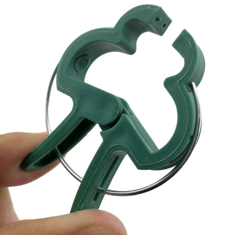 Green plastic plant fixing clips, large and small sizes, for securing climbing vegetables and vines.