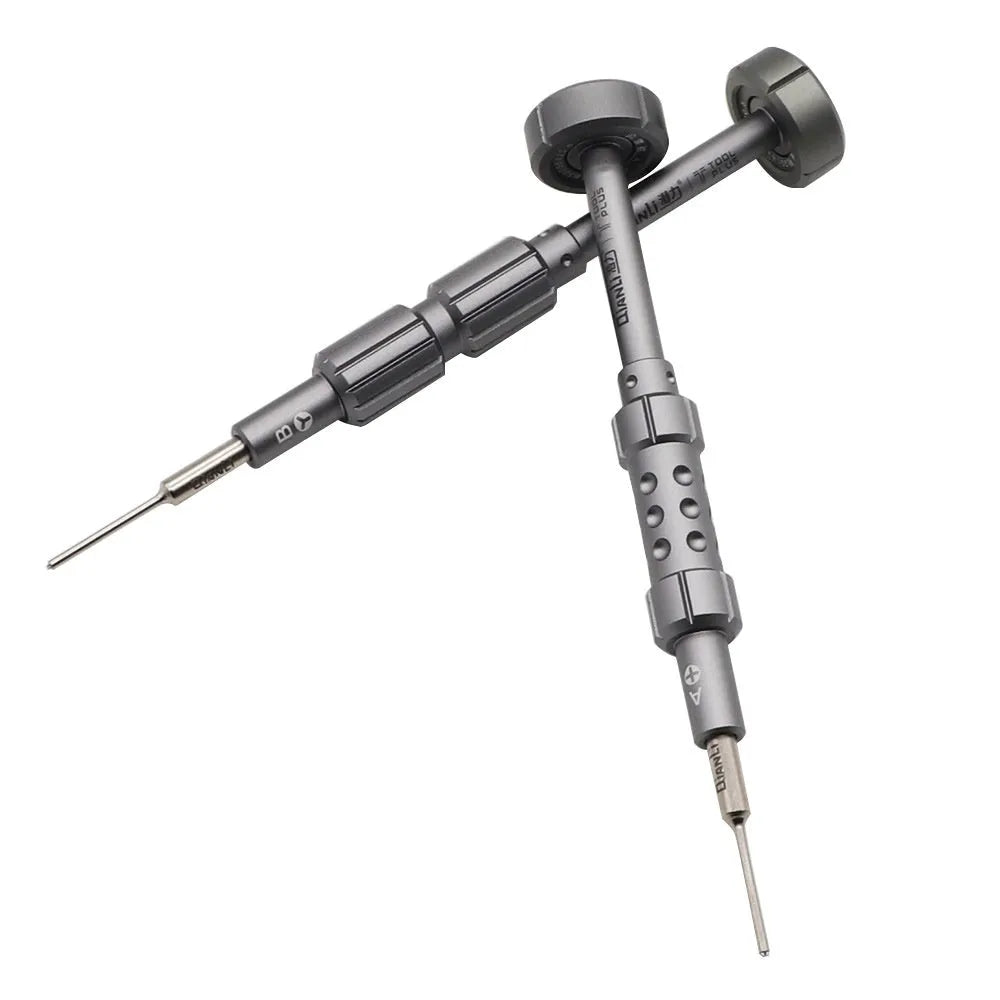 Five-in-one precision screwdriver with grenade-shaped aluminium handle for iPhone repair.