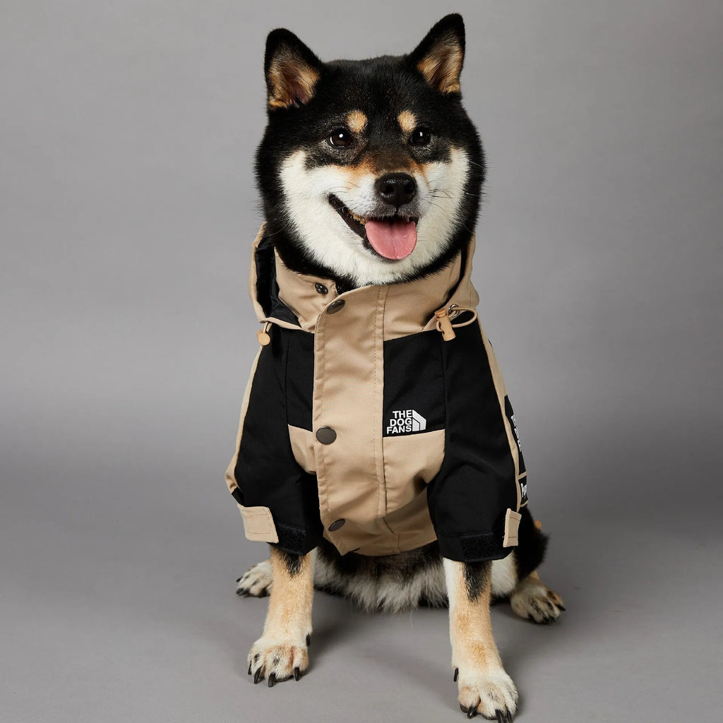 Khaki coloured polyester dog shell jacket for medium and large breeds on a mannequin.