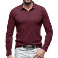 Men's American retro style polo collar long sleeve T-shirt in cotton, shown in multiple colour options.