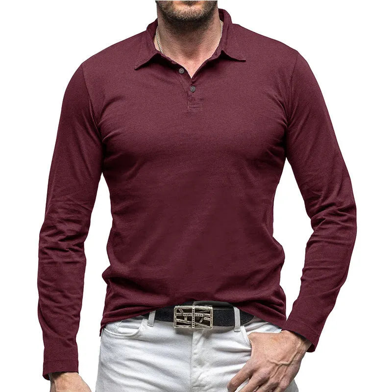 Men's American retro style polo collar long sleeve T-shirt in cotton, shown in multiple colour options.