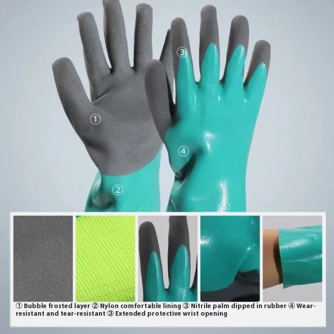 Navy blue nitrile waterproof gloves for fishing, shown in short and lengthened versions