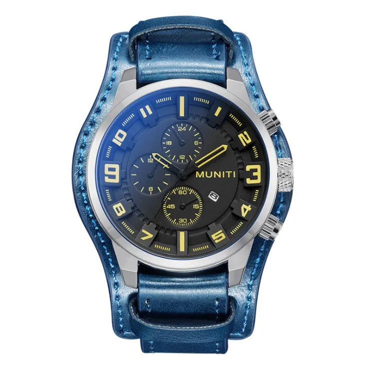 MUNITI Munich men's quartz watch with black metal case, black dial, black PU strap, 48mm dial diameter