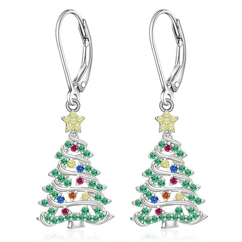 White gold colour Christmas tree earrings with star design elements for women