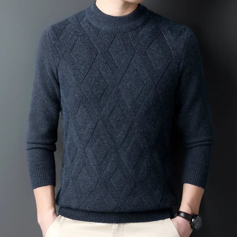 Men's diamond jacquard knit winter sweater in wool blend, shown in light camel colour