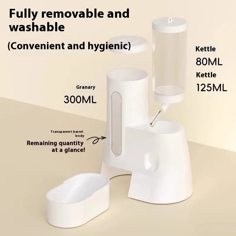 White, blue, and pink automatic hamster water feeder with attached food basin.
