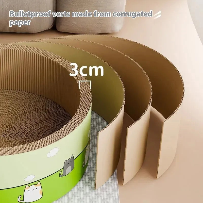 Large round deepening pit cat scratch board made from brown corrugated paper.