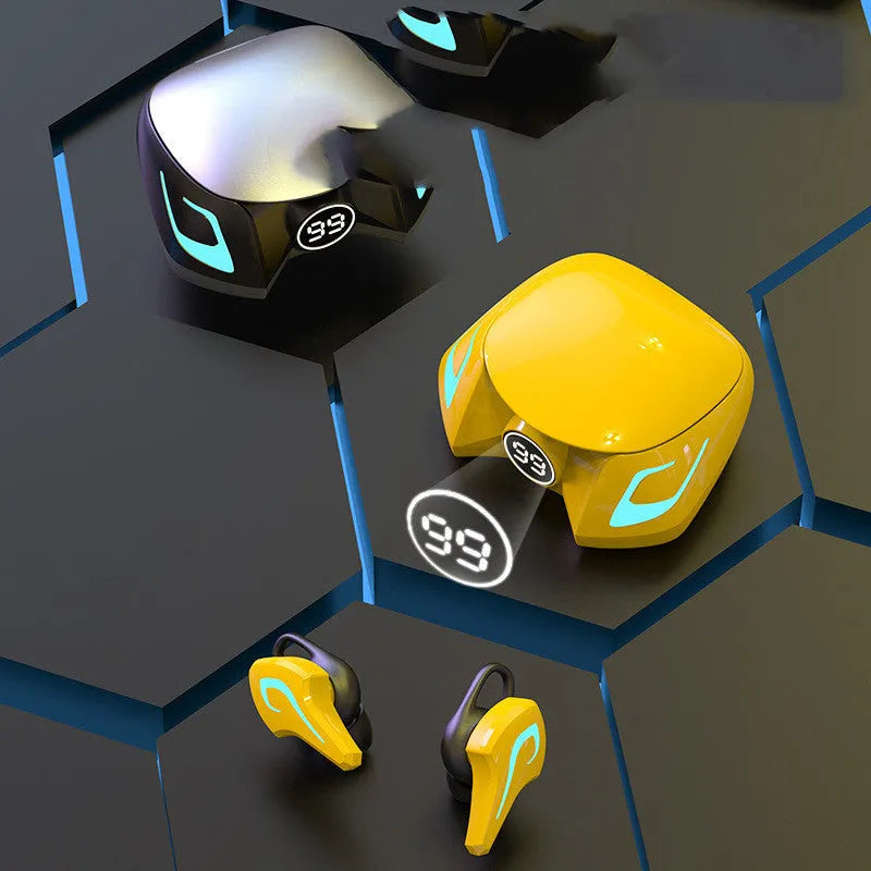 Black, dark grey, and yellow colour variants of a Bluetooth gaming headset with earplug-style earpieces.