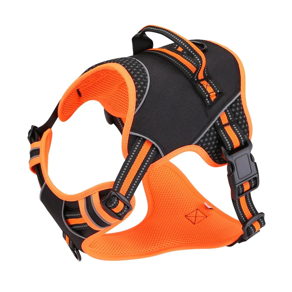 Yellow and orange polyester dog harness and traction strap set for outdoor training, shown in S, M, L sizes.