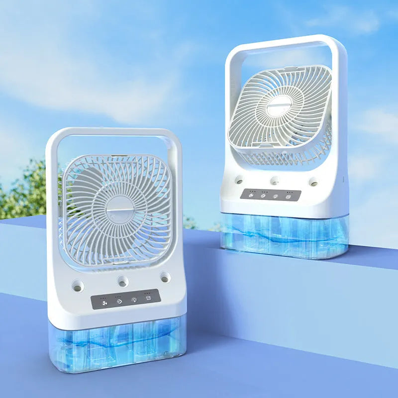 White household cooling fan with USB-C charging port, adjustable head, water tank, and colourful night lights
