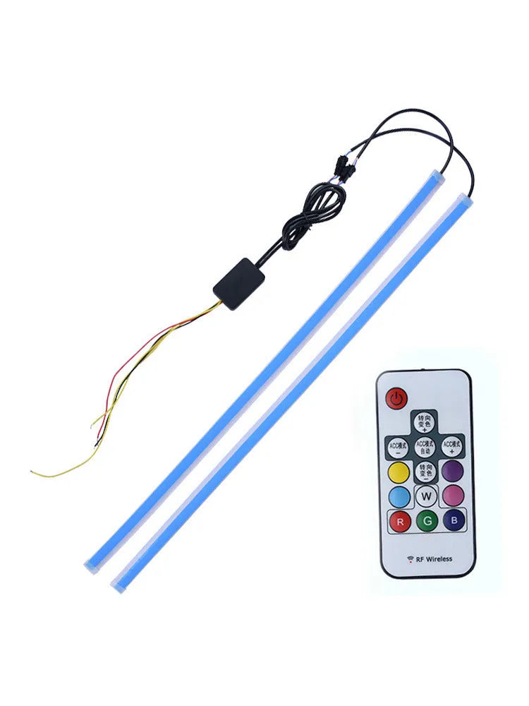 Universal LED daytime running light with remote control in RGB colours, shown in 30cm, 45cm, and 60cm sizes.