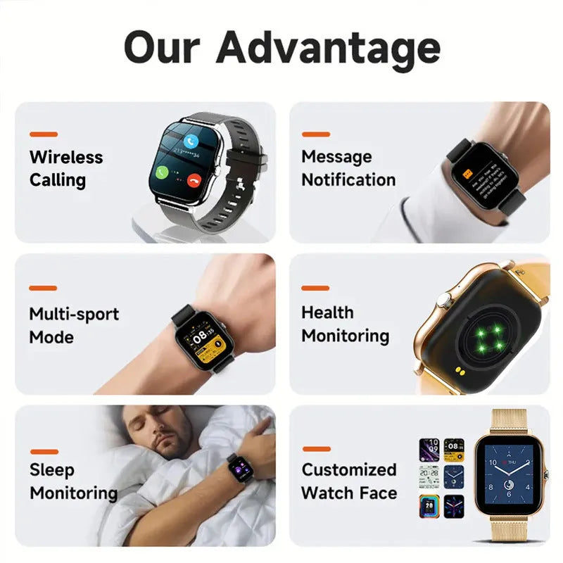 Smart watch with 1.44-inch colour touchscreen and silicone strap, shown in various colour options.