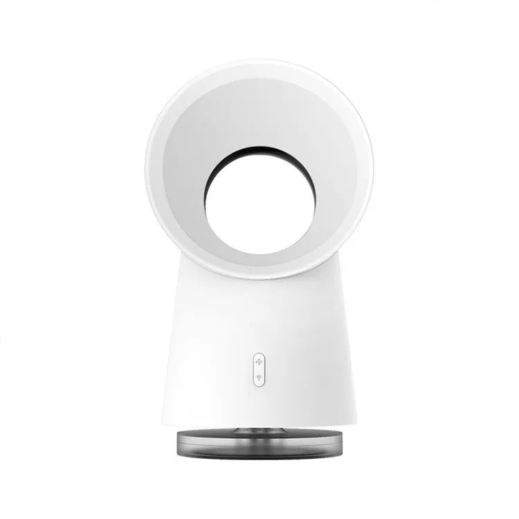 White desktop bladeless fan with USB power and humidification spray on a desk