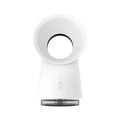 White desktop bladeless fan with USB power and humidification spray on a desk