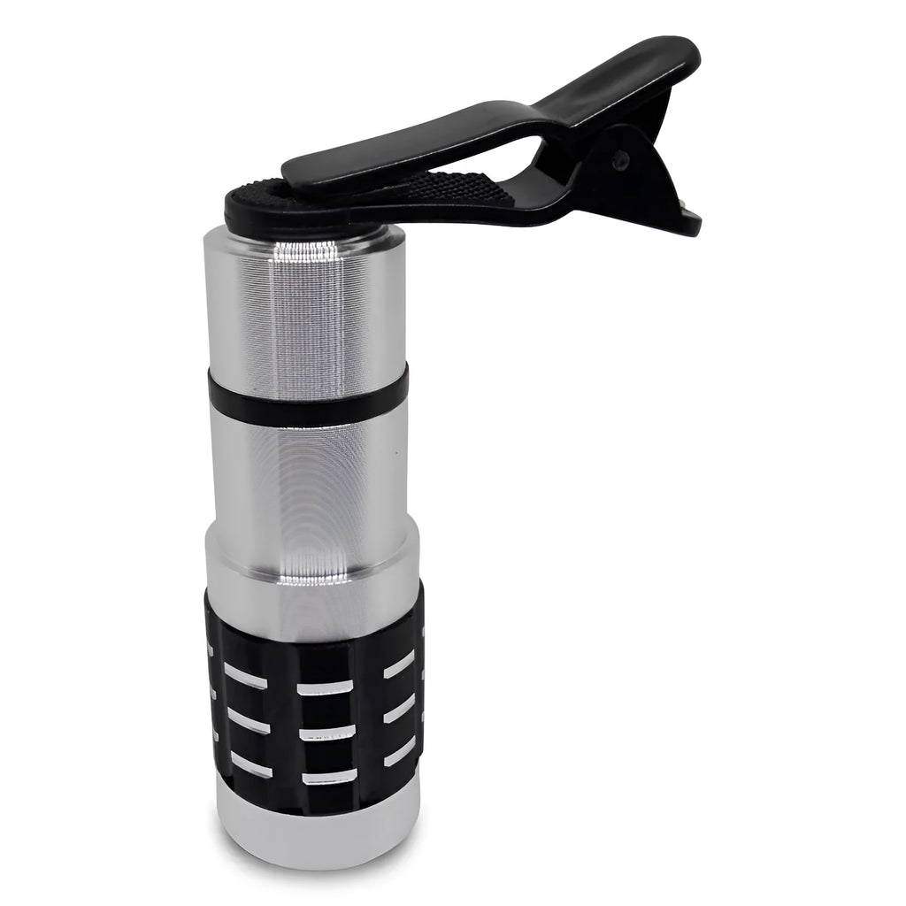 12x telescopic zoom lens with universal collar clip attached to a mobile phone for long-distance photography.