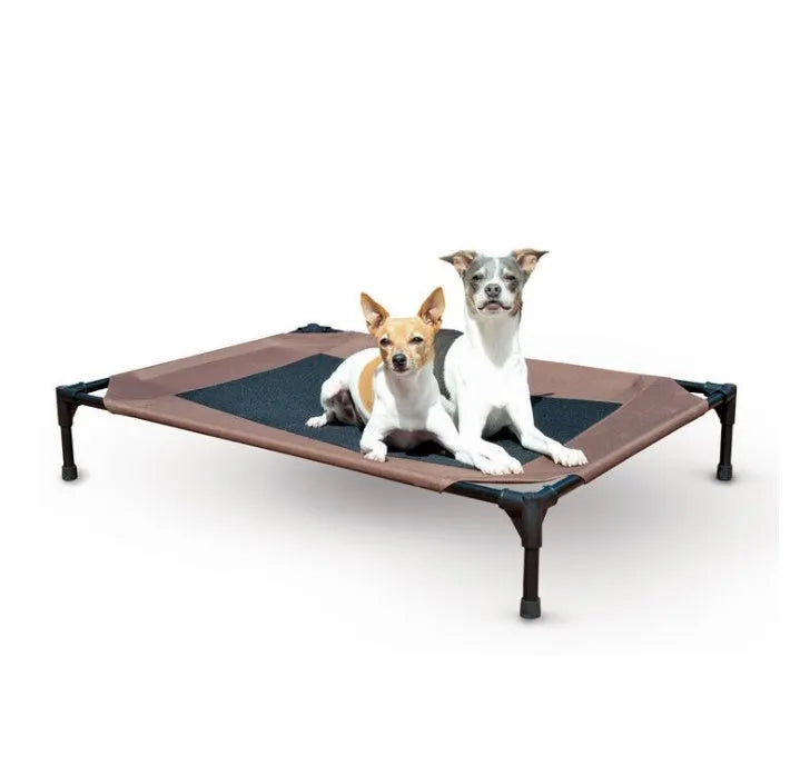 Coffee-coloured Oxford cloth pet bed on a painted metal tube frame, with removable washable surface, available in three sizes.