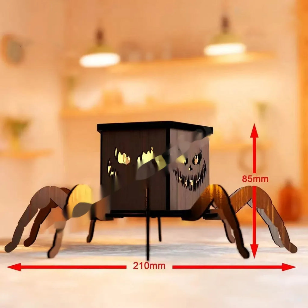 Wooden Halloween spider lantern candlestick decoration measuring 21cm tall