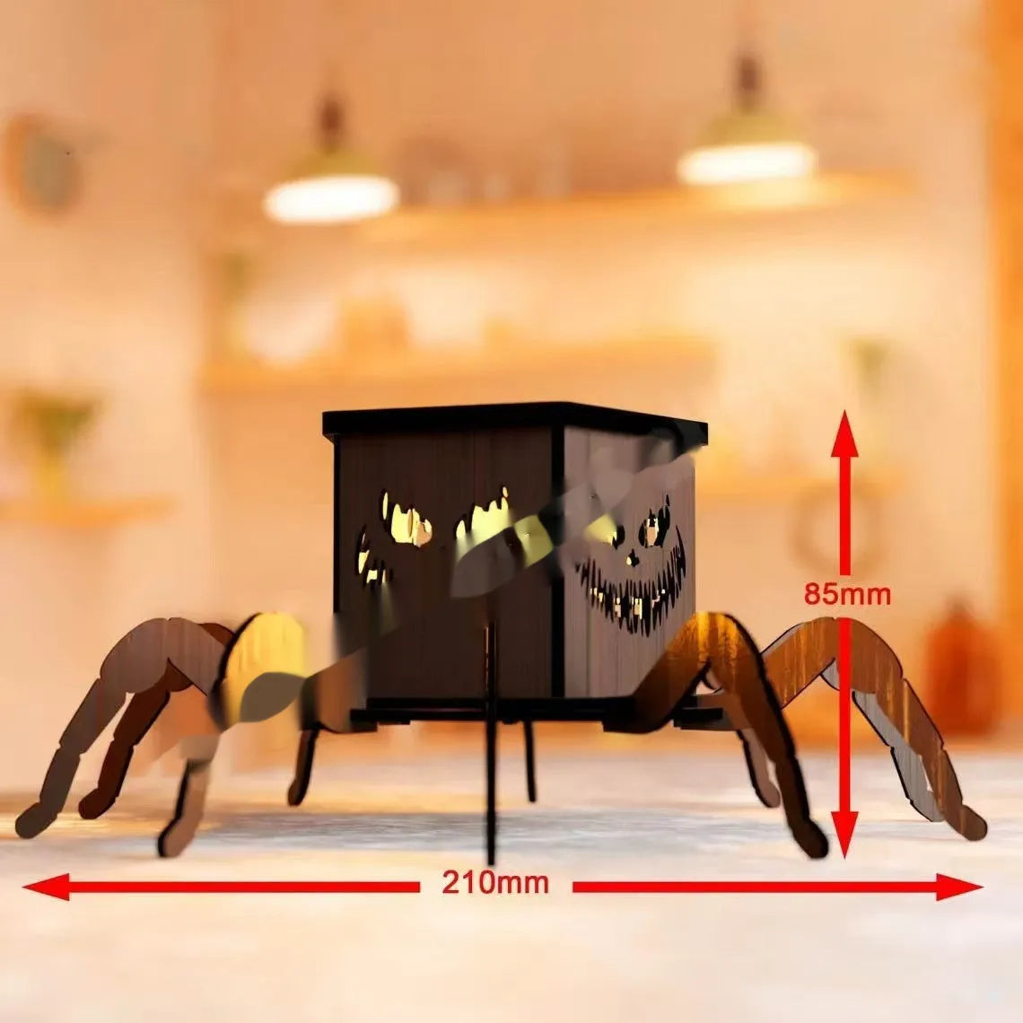 Wooden Halloween spider lantern candlestick decoration measuring 21cm tall
