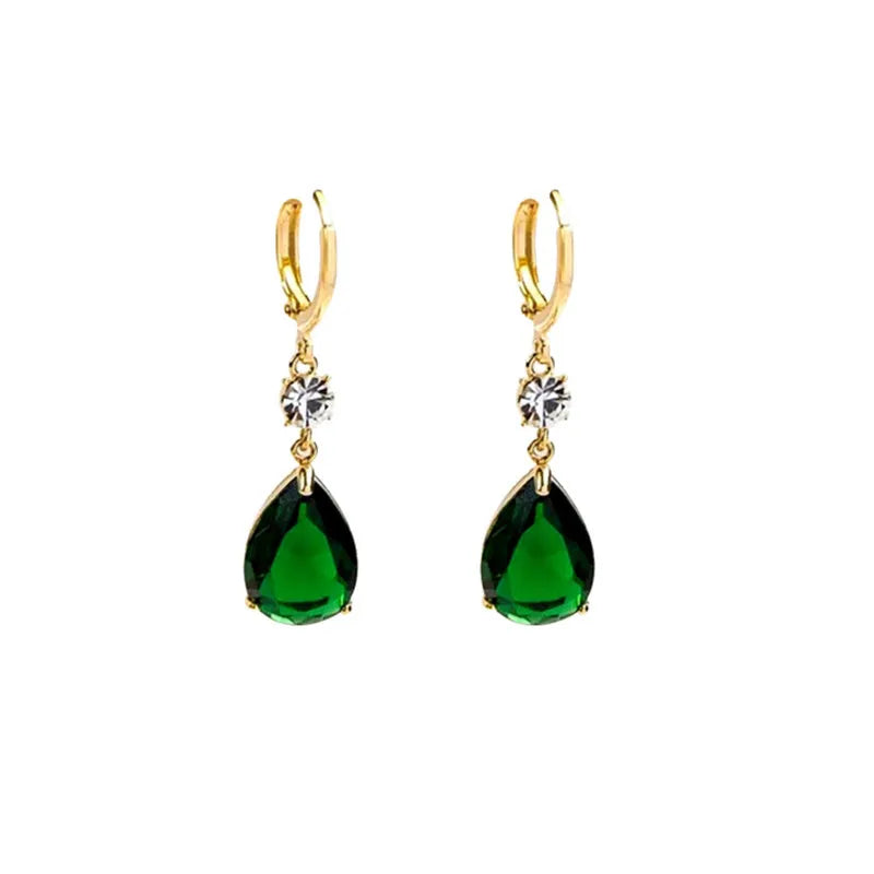Green geometric teardrop drop earrings with alloy metal construction