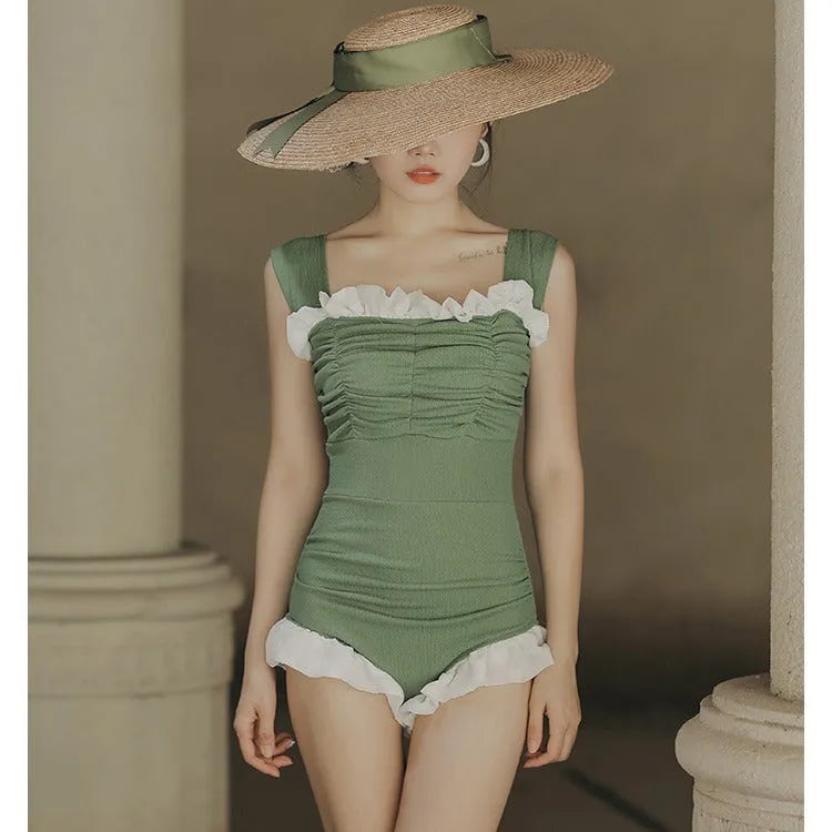 Korean style high-waist one-piece swimsuit in black, green, or pink with quick-drying polyester fabric