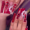 Sweet Flowers Prismatic Red Diamond removable fake nails set with jelly glue and nail file