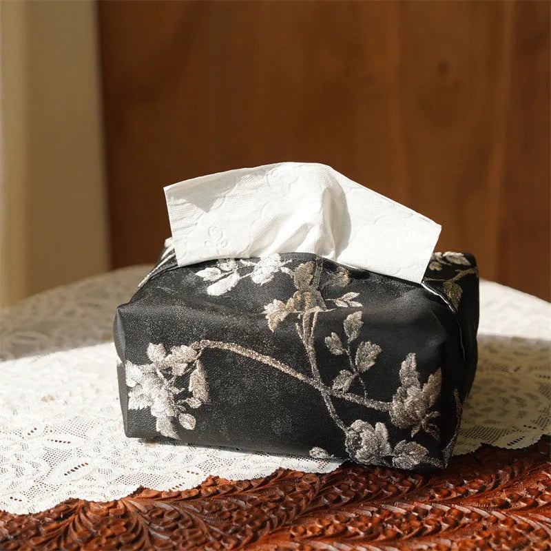 New Chinese brocade fabric tissue box cover in embroidery white plum colour with optional pearl buckle.