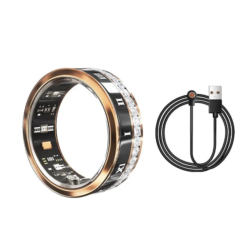 Diamond-inlaid smart ring in silver and gold colours on finger, showing health monitoring display.