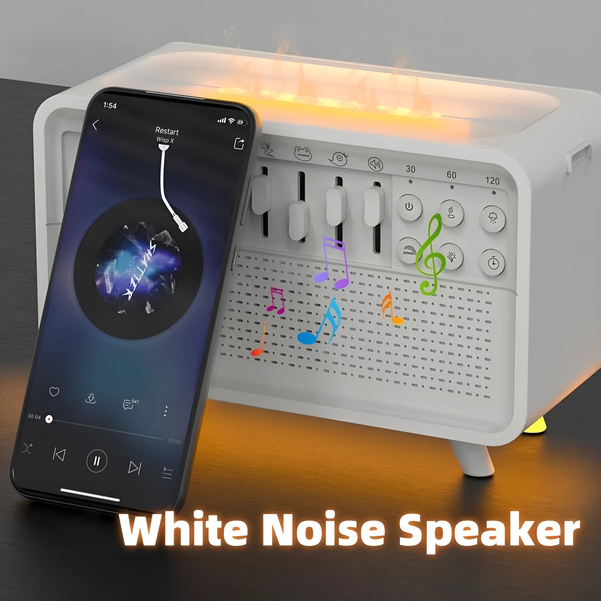 White geometric 3-in-1 Bluetooth speaker white noise machine humidifier with night light and aroma therapy
